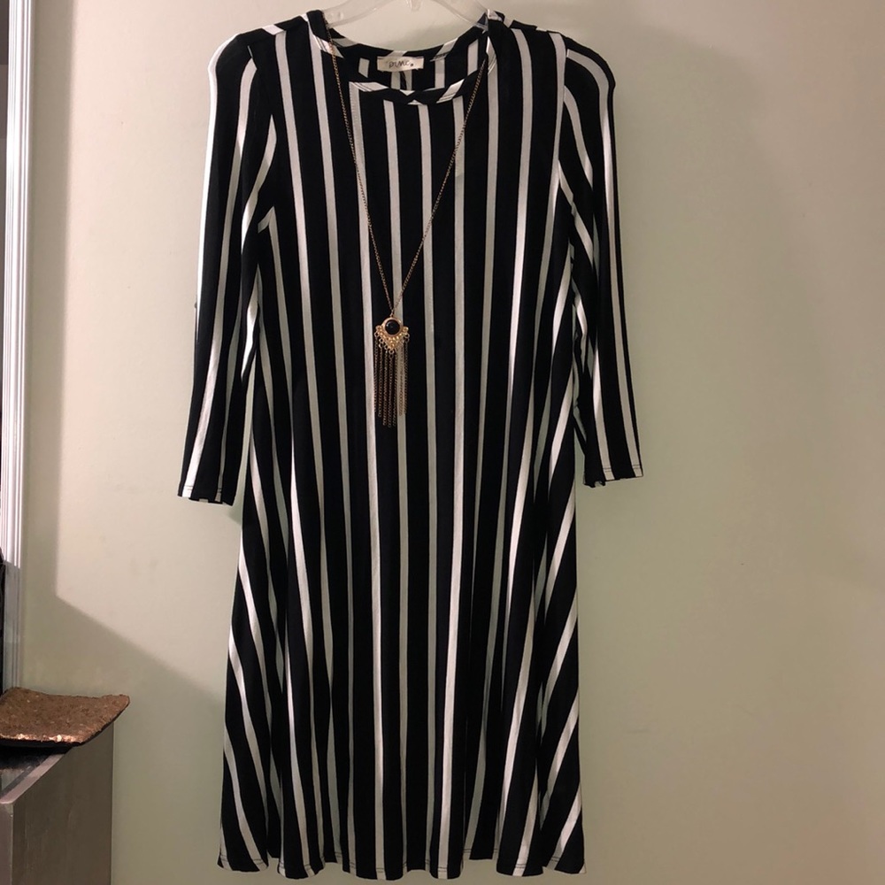 Black and white vertical striped dress